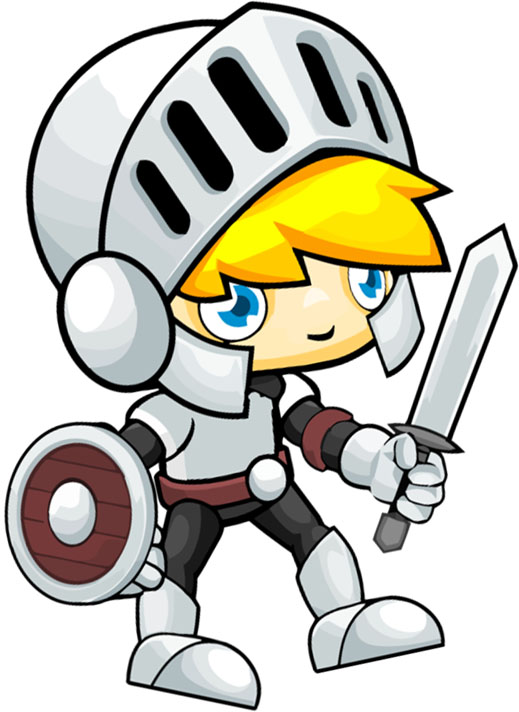 Cartoon-Kind in Ritterrüstung: Schwert, Schild, blaue Augen, gelbe Haare, Gürtel, hochgeklapptes Visier.